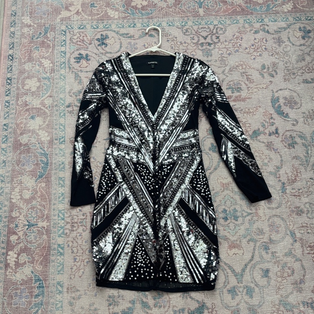 Express Black and Silver Geometric Sequin Dress